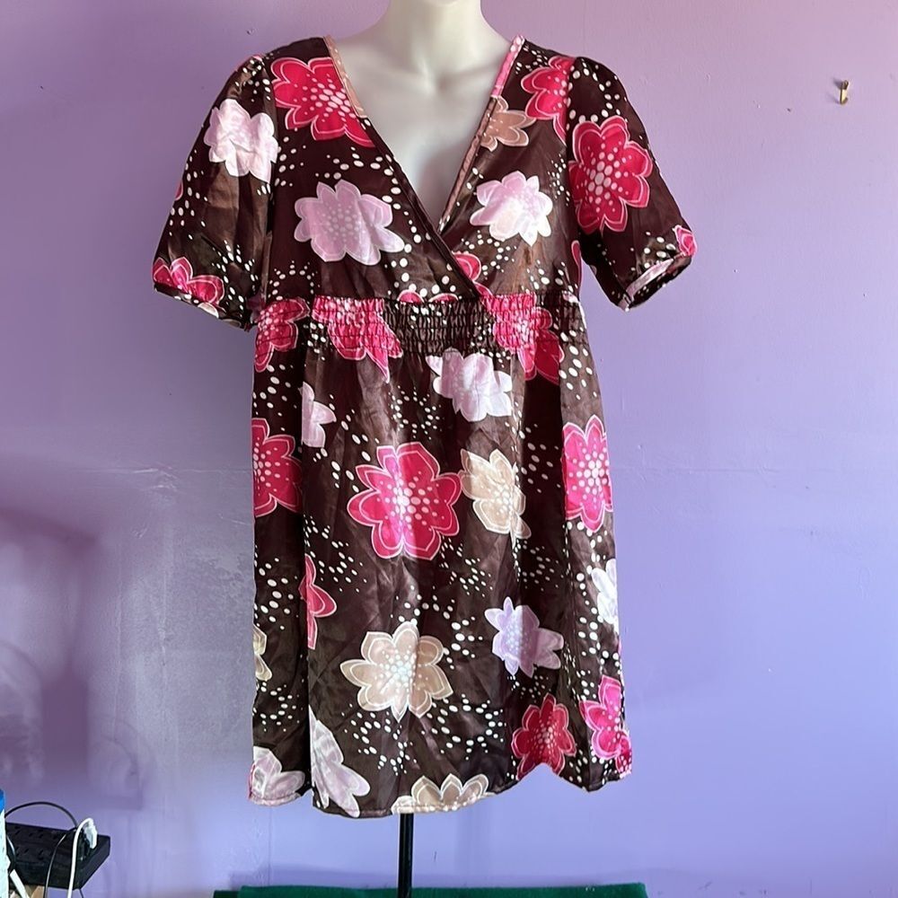 Belle Du Jour Brown Satin Floral Pullover Dress Size Medium Casual Boho Style